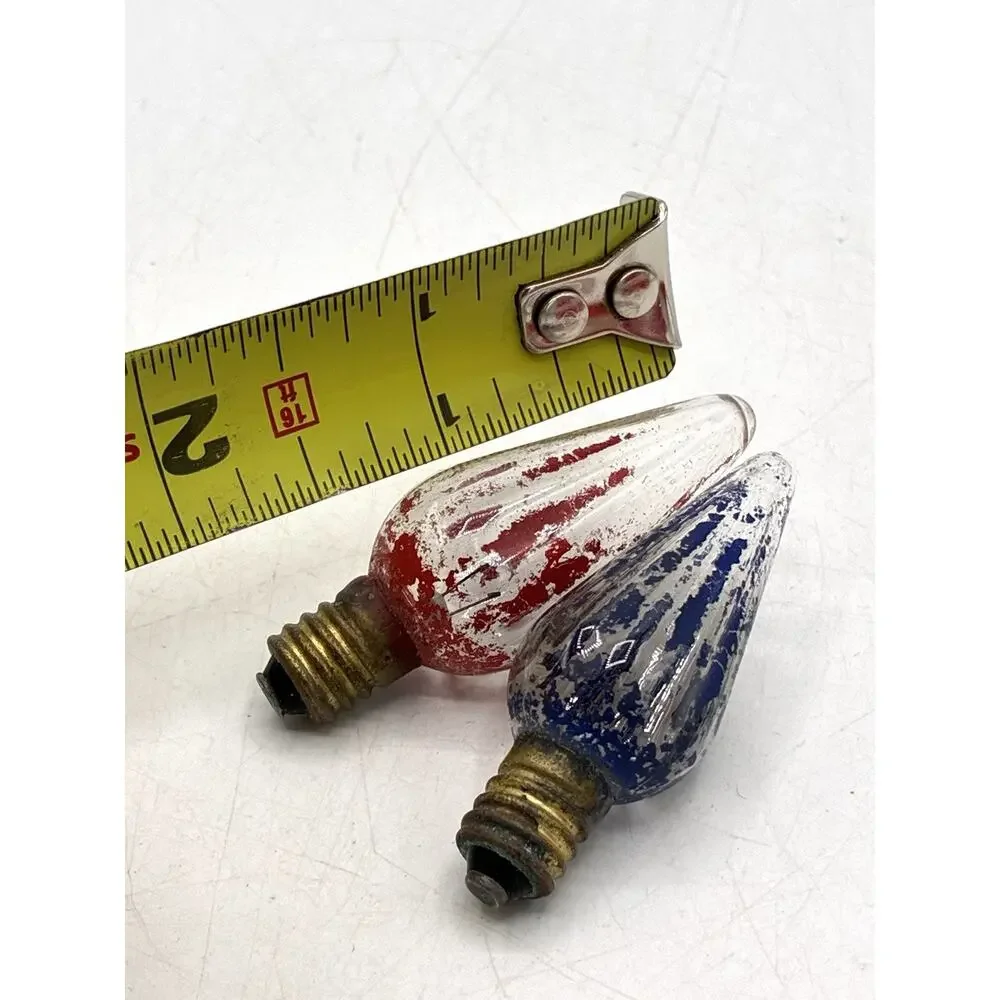 Pair Antique Mazda GE Christmas Light Bulbs Clear Glass Red Blue Faded Paint